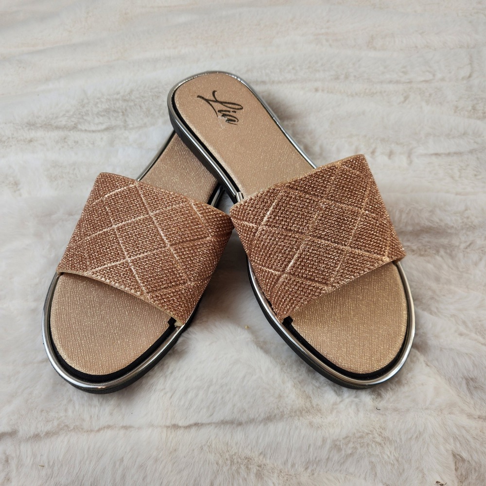 Lia Rose Rose Gold Glitter Quilted Slide Sandals Women Sz 10.5 EU 41 Flat Slides